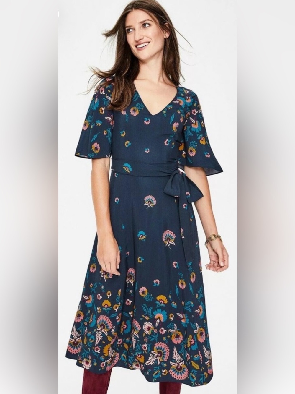 Boden Navy Floral Wrap Dress with Tie Waist